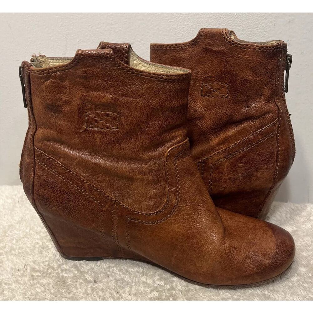 FRYE Carson Wedge Bootie Women's 6 M Brown Leather Western Ankle Boot Zip - Picture 3 of 14